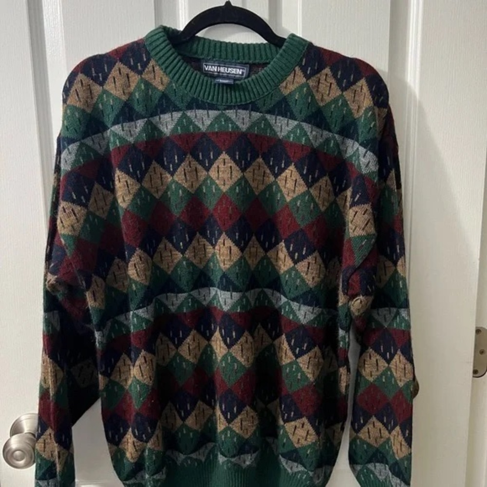 Van Heusen Green Multi-Color Argyle Crewneck Sweater